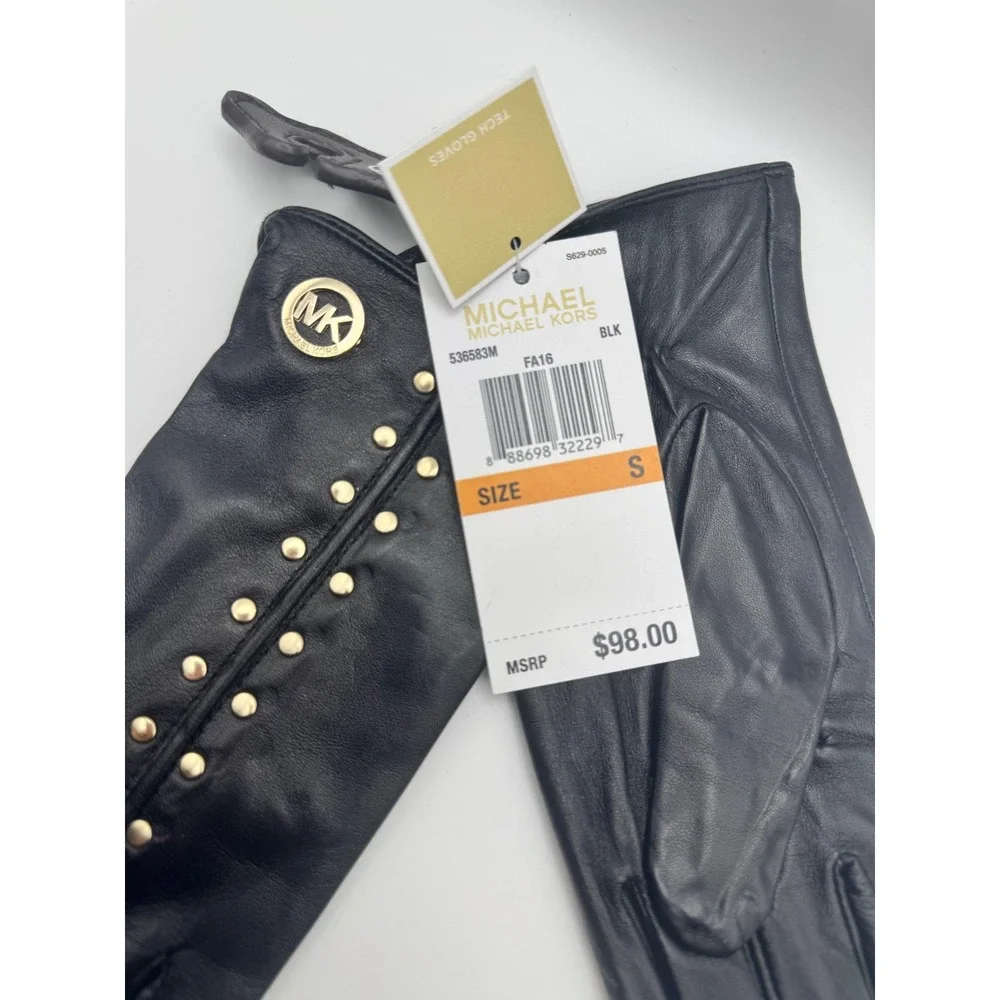 NWT Michael Kors Black Astor Leather Studded Tech Gloves Women's Size S MSRP $98